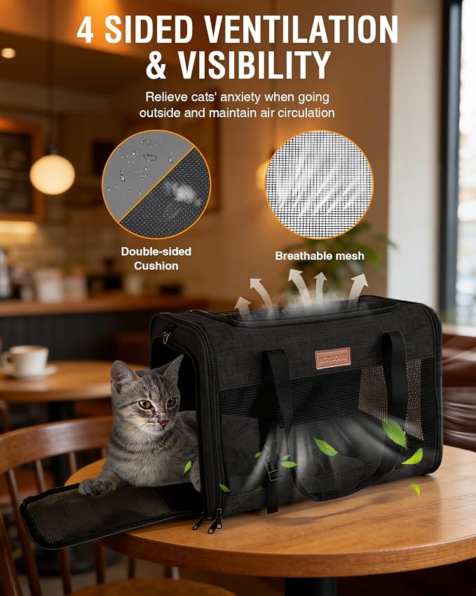 PETUX Large Pet Carrier for Large Cats up to 20 lb for Travel | Top & Side Entry, 4 Side Breathable, Foldable Soft Cat Travel Carrier with Safety Car Seat Buckle & Anti-Scratch Mesh, Black