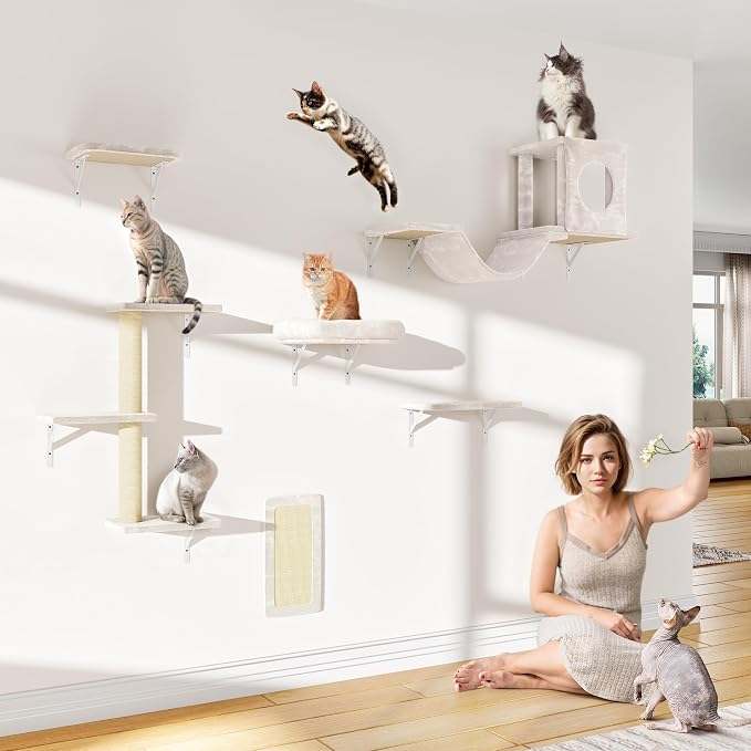 12-in-1 Cat Wall Shelves, Wall Mounted Cat Climber with Condo House, Scratching Post, Bridge Ladder, Space-Saving Indoor Play Furniture for Kittens, White