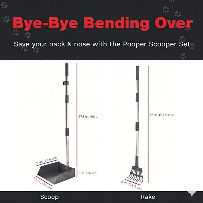 Metal Pooper Scooper for Dogs with Heavy Duty Long Handle Rake & XL Tray | Rustproof Aluminum Poop Scooper for Large Dogs, 36+" Handles and 9”W 9.5”L Extra Large Tray for Yard, Grass, Dirt & Gravel