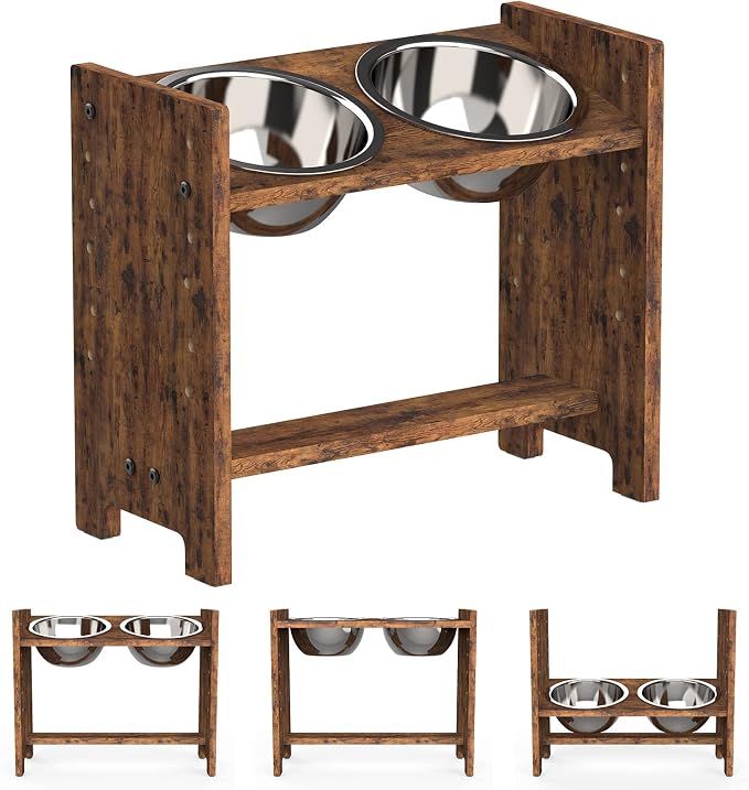 Elevated Dog Bowls, Adjustable Bowl Stand Medium, Rustic Brown | Particle Board Raised Dog Bowl Stand with 2 Stainless Steel Bowls for Medium Dogs