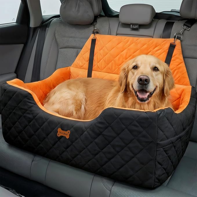 Dog Car Seat for Large Medium Dogs up to 55 lbs, Memory Foam Dog Booster Seat with Storage Pocket, 2 Safety Leashes,Washable Cover, Portable Anxiety Pet Travel Bed, Black