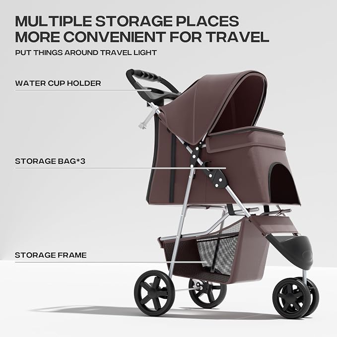 Pet Stroller for Small Dogs 10 lbs, Dog Stroller for Medium Dogs 30 lbs, Cat Strollers for 2 Cats, 3 Wheels Foldable Jogger Puppy Stroller with Storage Basket and Cup Holder, Coffee