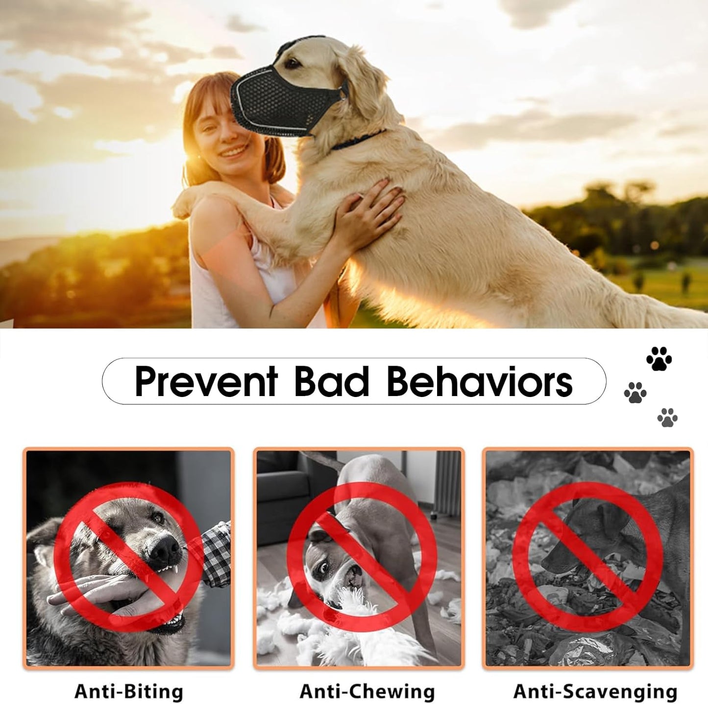 Dog Muzzle, Mesh Soft Muzzle for Small Medium Large Sized Dogs, Breathable Adjustable Puppy Muzzles for Scavenging Biting Licking and Chewing, Allows Panting and Drinking (Reflective Mesh, S)