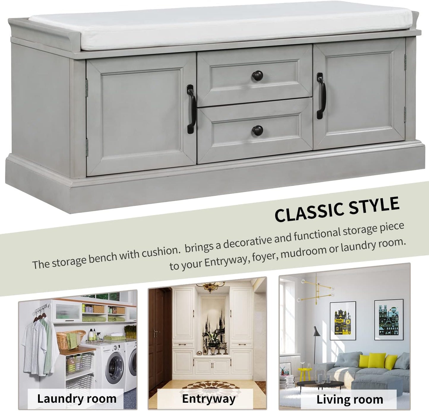 Shoe Storage Bench with 2 Drawers and 2 Cabinets, Pine Wood Shoe Bench with Removable Cushion for Living Room, Entryway 42.5" L x 15.9" W x 17.5" H (Gray Wash)