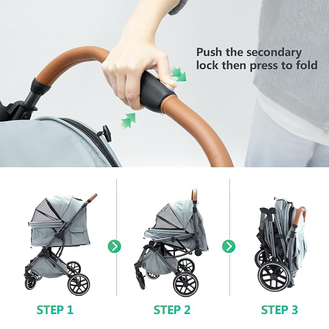 Pet Stroller for Small Medium Dogs Cats Up to 50 lbs,4 Wheels One-Click Folding Pet Stroller with Reversible Handle, All-Weather Convertible Canopy (Grey)