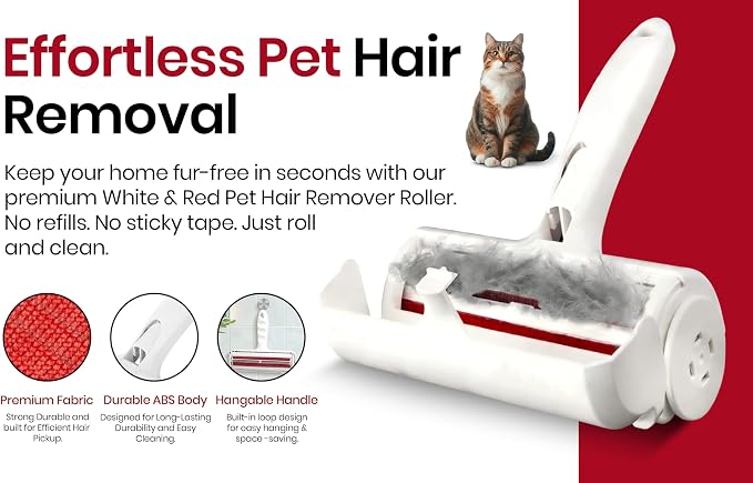 Pet Hair Remover for Dogs & Cats - Reusable Lint Roller & Hair Remover Tool for Couch, Carpet, Furniture, Bedding & Car Seats - Portable & Easy Clean Pet Fur Remover Roller for Home & Travel (Red)