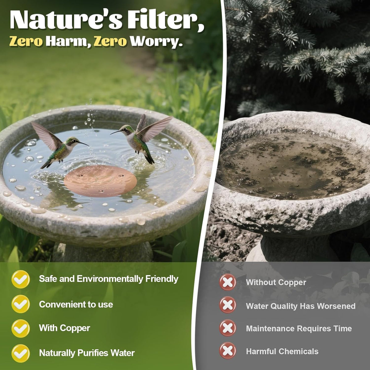 NNG 3 Pack Bird Bath Copper Disk,1mm Thick Reinforced 99.9% Pure Copper Bird Bath Purification Disk with Triple-Point Support,Physical Safe Water Cleaner for Outdoor Birdbaths Bowls,All-Season Use