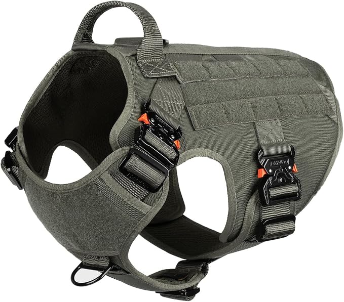 ICEFANG Tactical Dog Harness for X-Large Dogs,Full Metal Buckles Dog Vest | with MOLLE, Reflective,Adjustable,2 Leash Clips,Control Handle,No Pull,Soft Padded,Green,X-Large