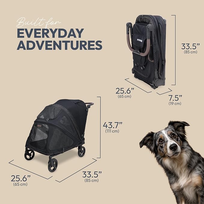 WonderFold Hudson Pet Stroller for Large Pets - Super FLATFOLD: Even the Wheels Fold in - Black, Large