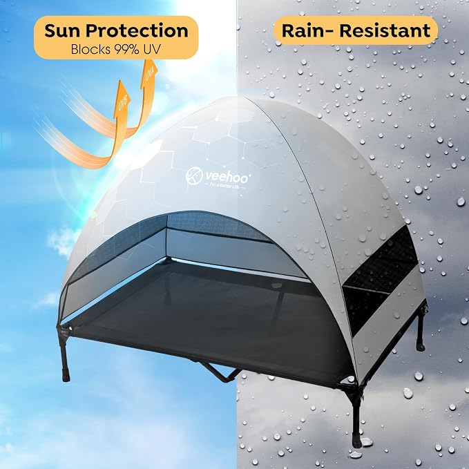 Veehoo Outdoor Dog Bed with Canopy, Cooling Elevated Dog Shade for Outside | Portable Raised Dog Cot with Removable Shade, Sun Protection Dog Tent Outdoor for Camping, Beach, 49" x 42.5", Black