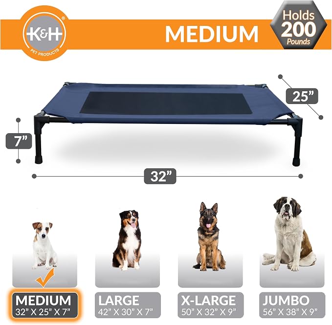 K&H Outdoor Elevated Dog Bed, Cooling Raised Dog Bed, Blue, Medium 32x25in | Pet Cot for Medium & Large Pets, Breathable Mesh Center Hammock Design, Indoor/Outdoor Washable Cover, 32x25in