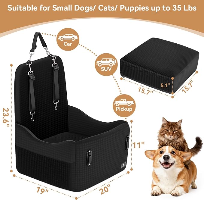 PETSFIT Dog Car Seat with Patented Safety System, 5" Elevated Cushion | Fully Detachable Washable Cover, Memory Foam Dog Booster Car Seat for Small/Medium Dogs Up to 35 Lbs with Safety Belt