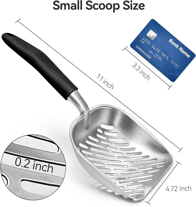 Cat Litter Scoop, Kitty Metal Scooper with Long Handle | Heavy Duty Aluminum Deep Sifter, Rustproof Durable Kitten Poop Shovel for Travel & Small Litter Box