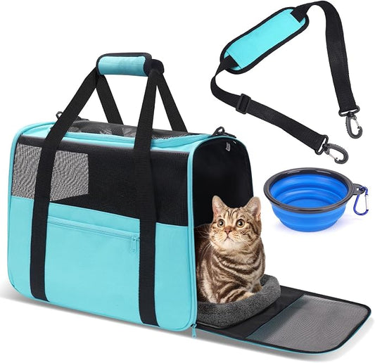 JUNGYOUN Premium Cat Carrier - Pet Carrier for Cat & Small Dogs up to 15lbs - Airline Approved Travel Dog Carrier with Anti-Escape Zippers, Collapsible Travel Bowl & Padded Strap