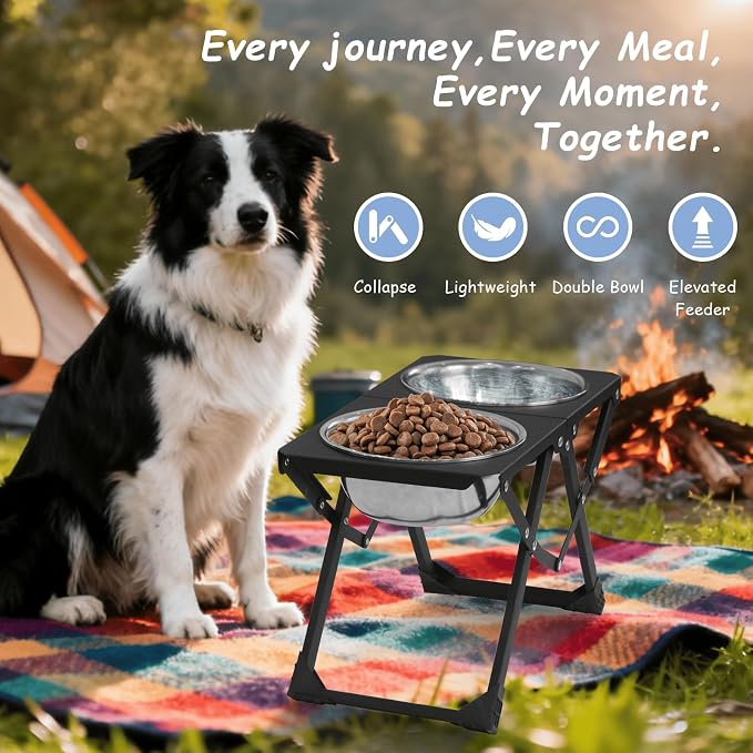Foldable Elevated Dog Bowl Holder with 2 Large 58oz Stainless Steel Bowls, 10.2" Tall Raised Dog Bowl Stand for Medium/Large Breeds, Indoor and Outdoor Use