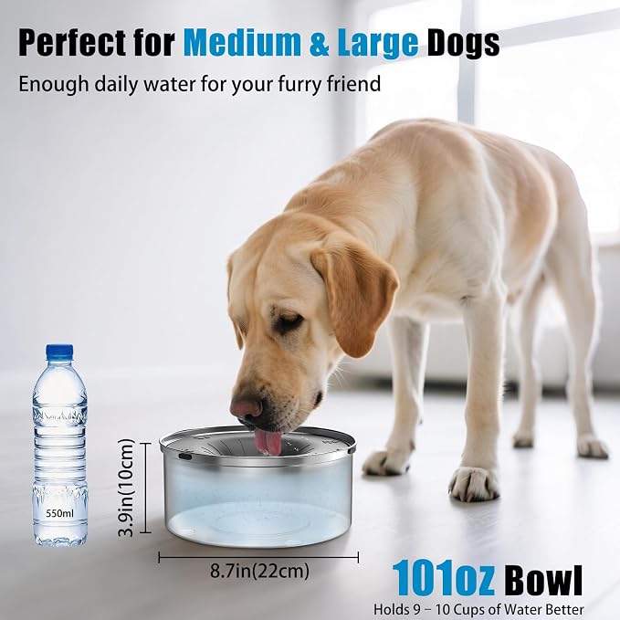 SCHITEC Dog Water Bowl No Spill 101oz / 3L Slow Drinking Anti-Splash Stainless Steel Dog Bowl with Floating Disk, Spill Proof Pet Travel Water Dispenser for Sloppy Messy Drinkers(Gray)