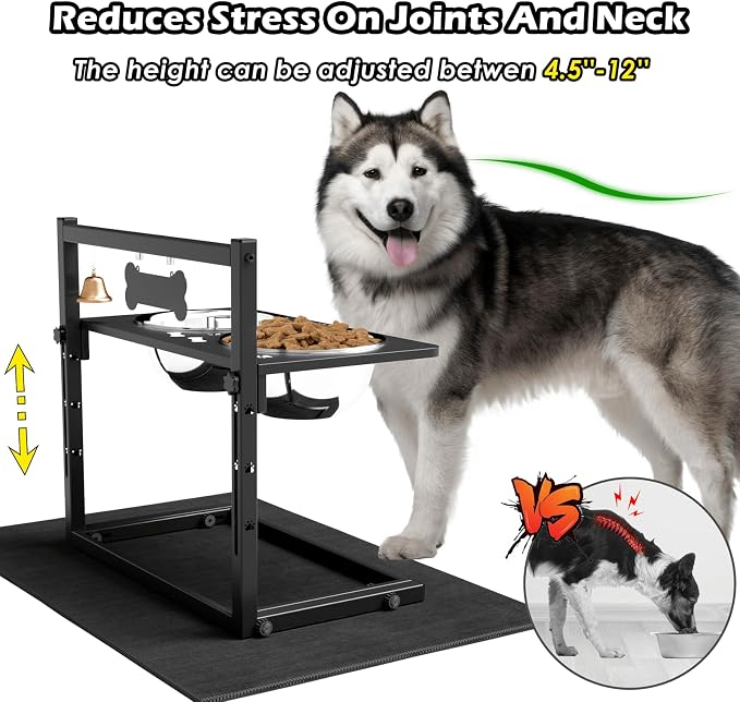 SHAINFUN Elevated Dog Bowls with Mat, Adjustable Height 4.3''-11.8'', Metal Stand, Two 1.7L Stainless Steel Food & Water Bowls for Large, Medium Dogs