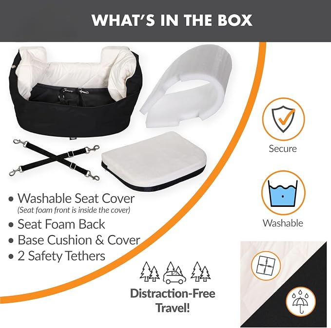 K&H Dog Car Seat, Bucket Booster for Cats & Dogs, Small, Black/Cream | Collapsible Dog Car Seats for Small Dogs. Seat Belt Secured, 2 Safety Leashes, Washable Covers