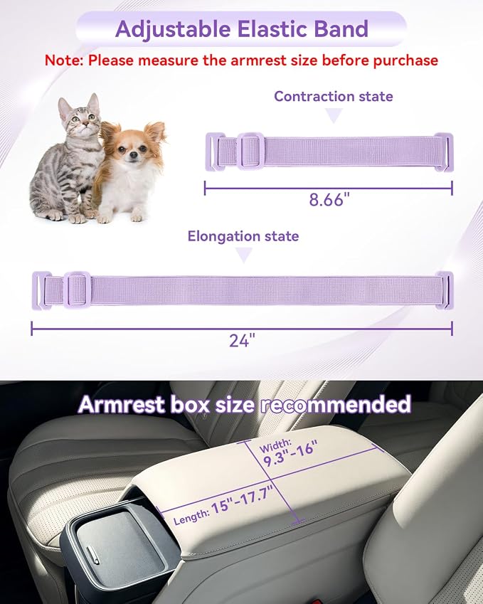 PETSFIT Cat Car Seat with Dual Adjustable Seat-Rail Anchor Hooks | Anti-Collapse Leather Dog Console Car Seat with Safety Tether, Washable Cushion, Soft Pillow for Pets Under 8 lbs, Purple