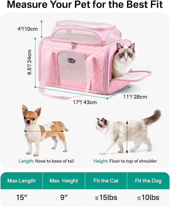 Cat Carrier Airline Approved 17x11x9.5 Inches, Top Expandable Soft Sided Pet Travel Carrier for Cats & Small Dogs, Fits Under Airline Seat with Locking Zippers, Pink