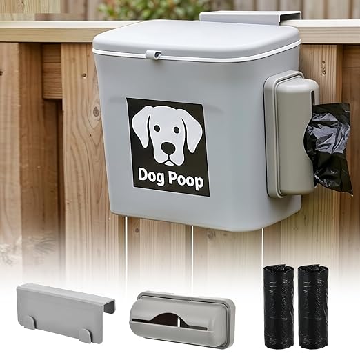 Rainmae Dog Poop Trash Can Outside, Dog Poop Trash Can, 2 Gallon Hanging Dog Poop Bin with Lid and Trash Bag Dispenser, Plastic Garbage Container for Fence, Counter Top, Yard and Outdoor Activities