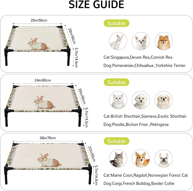 Outdoor Elevated Dog Bed for Medium Dogs, Country Bunny Breathable Cooling Raised Dog Cot for Indoor/Outdoor, Farmhouse Rustic Flower Leaf Plant Beige Waterproof Elevated Pet Beds, M 24 x 20 in