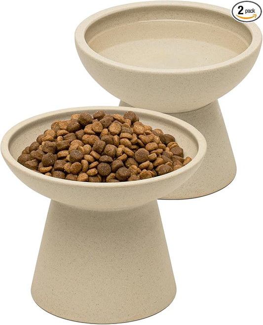 CEEFU 2 Elevated Cat Bowls Extra Wide for Food & Water – Whisker Fatigue, Ceramic Wide Shallow Food Dish, Lead & Cadmium Free, Raised Height for Cats, Pottery Clay (Not Glazed)