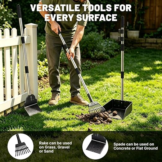 Dog Poop Trash Can Outside - 20L/5Gal Pooper Scooper Sets and Spade, Black | Outdoor Trash Can with Lid, Inner Bucket, Dog Poop Scooper Set, Metal Tray, Rake and Spade, 100 Trash Bags & Storage Box