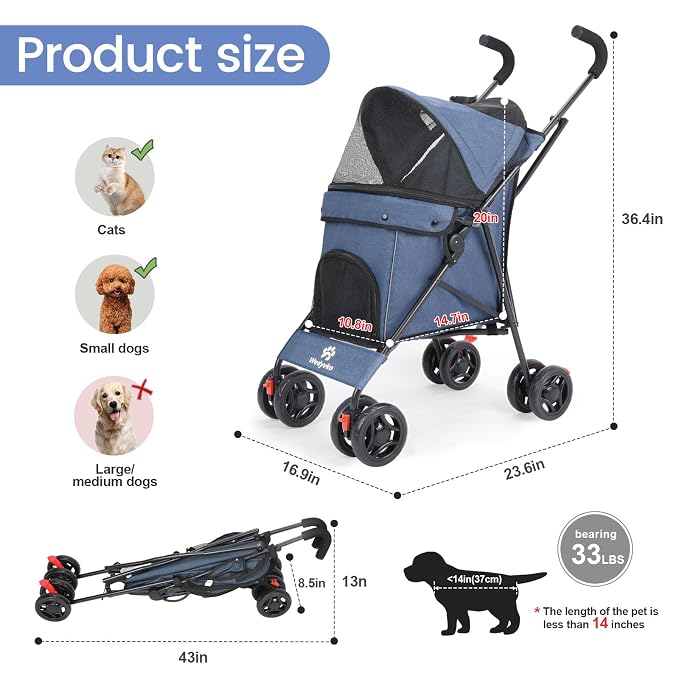 3 in 1 Pet Stroller for Small Dogs and Cats, Foldable Pet Stroller with Cats and Dogs Jogger Travel Strollers, 4 Wheels, Breathable Mesh, Large Capacity, Easy to Carry (Navy)