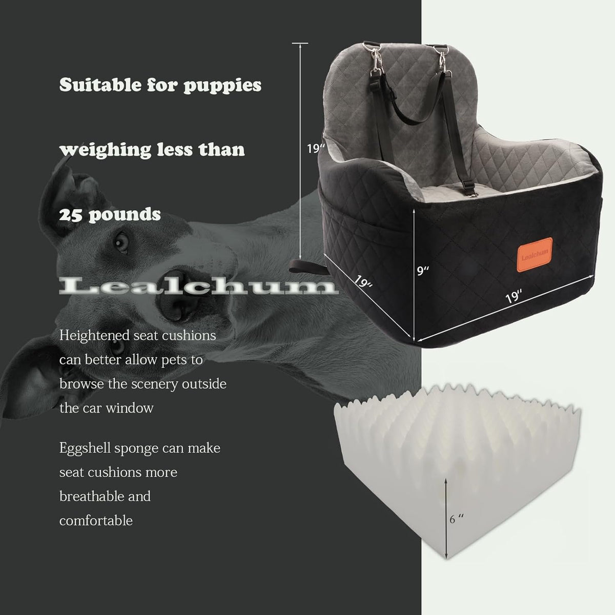 Dog Booster Car Seat for S/M Dogs Up to 35lbs,Soft 6in Elevated Cushion,Fits in Front/Back Seat,Fully Detachable and Washable,2 Storage Pockets & 3 Straps,Easy to Install (Black/Brown,Medium)
