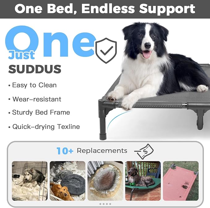 Elevated Dog Bed for Large Dogs 120lb, Breathable Cooling Raised Dog Cot with Dual Support Bars & Metal Frame, No-Slip Feet, Waterproof Pet Bed for Indoor/Outdoor, X-Large, 48 * 36 * 9in, Grey