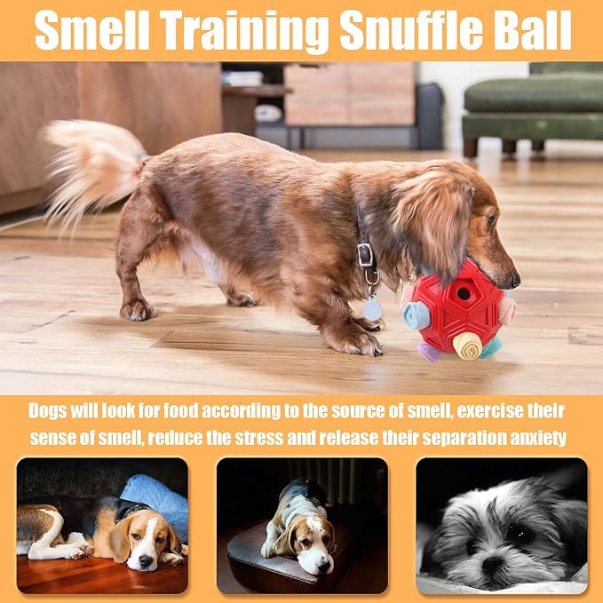 Dog Snuffle Ball-Interactive Puzzle Dog Toys Encourage Natural Foraging Skills Slow Feeder for Training and Stress Relief, Cloth Strip Hiding Food Dog Toys for Any Size Dogs (Red Macaron)