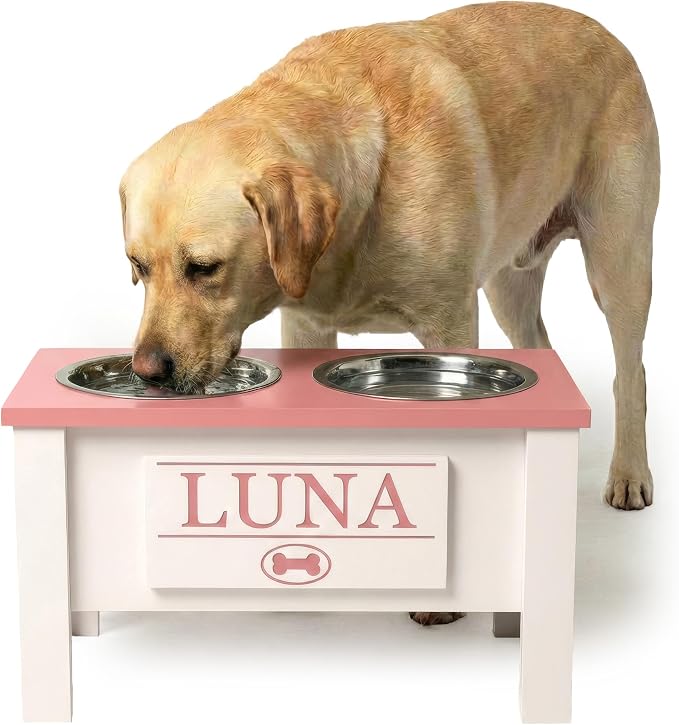 Elevated Dog Bowls for Large Dogs, Personalized Food Stand for Large Breed | Farmhouse Style, Elevated Wood Stand, Storage Container, Stainless Steel Bowls, Raised Anti-Slip Feeder, Made in USA