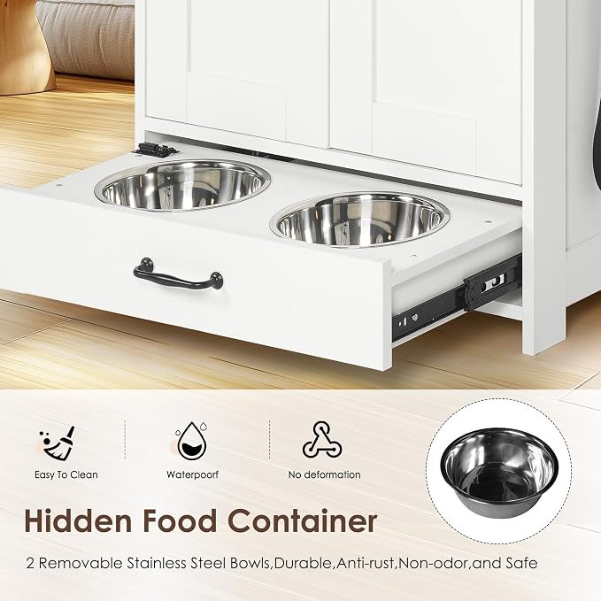 Pet Feeding Station Storage Cabinet with Bowls and Rack, Adjustable Panel,Pet Feeder Station for Dogs Cats for Feeding & Watering Supplies with 2-Level Shelving