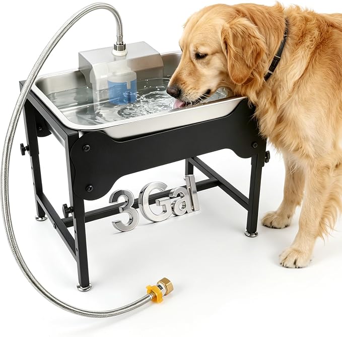 3 Gallon Outdoor Automatic Dog Water Dispenser, 4-Height Stand | Dog Water Bowl Dispenser, Auto-Refill Float Valve, Stainless Steel Bowl, Outdoor Livestock Use, 4 Heights, 14 x 10.6 x 5.9 in