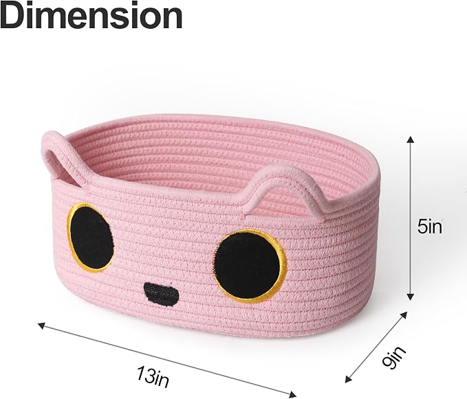 Pink Cat Toy Basket, Small Woven Cat Toy Storage Box with Cute Ears Handle Indoor, Cotton Rope Storage Bin with Embroidered Face for Home Decor, Pet Bed, Baby Nursery Kids Room Organization