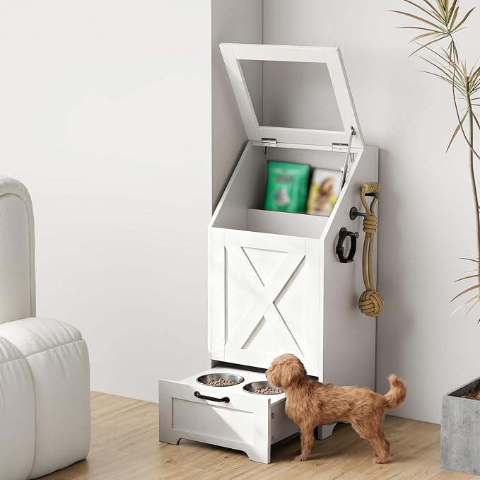 Dog Feeding Station,Dog Food Storage Cabinet,Pet Feeding Station with 2 Elevated Bowls,Hidden Pet Feeder Station with Hooks,Flip Top Pet Storage Organizer for Water,Feeding (White)