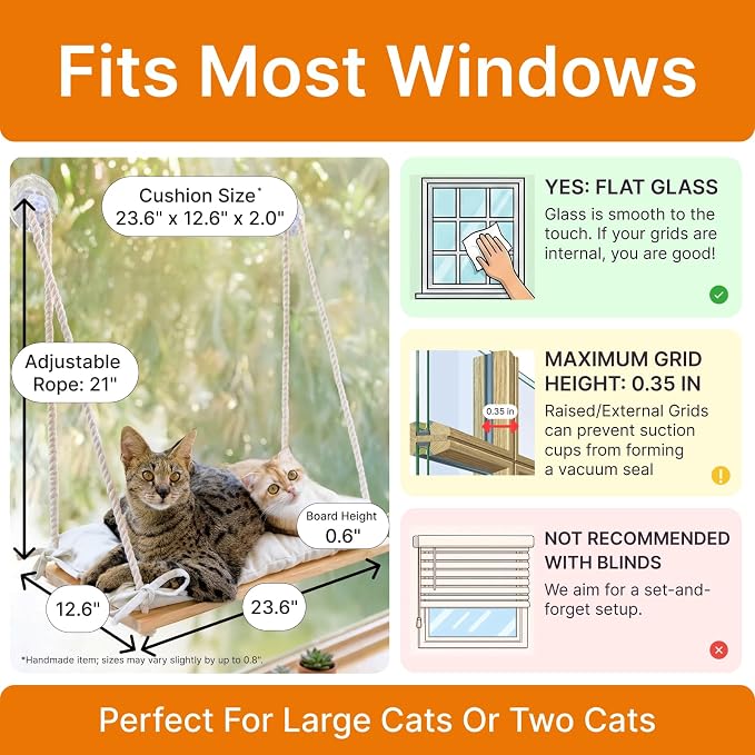 Large Cat Window Perch with Industrial-Grade Suction Cups – Solid Pine Wood Hammock Bed, Soft Cushion - 42 lb Capacity for Heavy Cats Inside