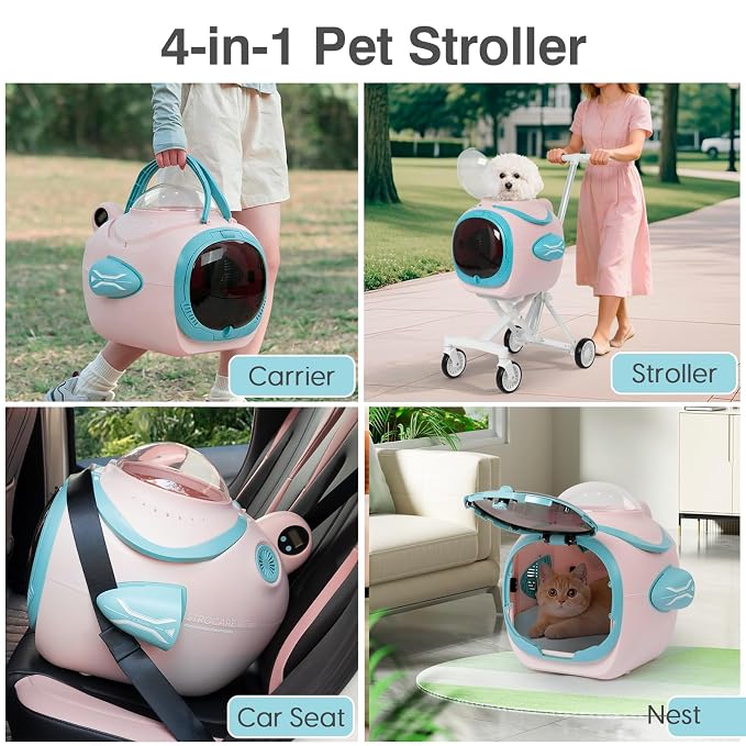 4 in 1 Foldable Pet Stroller with Detachable Carrier for Small Dogs & Cats, Space Capsule Travel Stroller with Inbuilt Fan,Temperature Display & Night Light,Puppy Kitty Doggie Bunny Stroller(Pink)