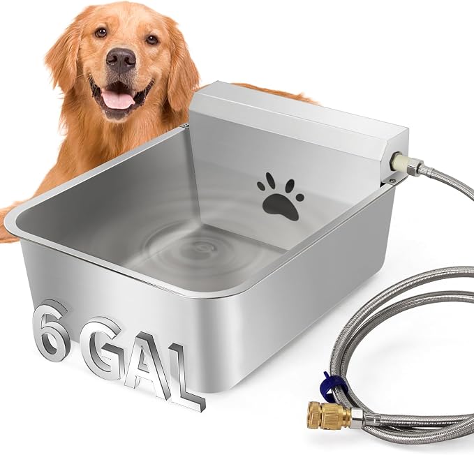 6 Gallons Automatic Animal Water Dispenser X-Large Stainless Steel | Outdoor Waterer Bowl, For Dogs & Chicken, Auto Fill Livestock Water Trough, With 2m Hose, 13.6"x17"x9"
