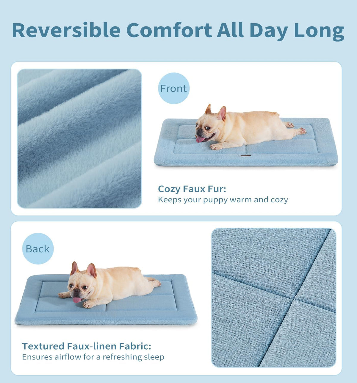 Made4Pets Dog Crate Pad Bed for Large Dogs, Washable & Reversible, Anti-Slip Kennel Mat for Cozy Sleeping, Soft Fluffy Dog Bed for Indoor & Outdoor Use, 44"x32", Blue