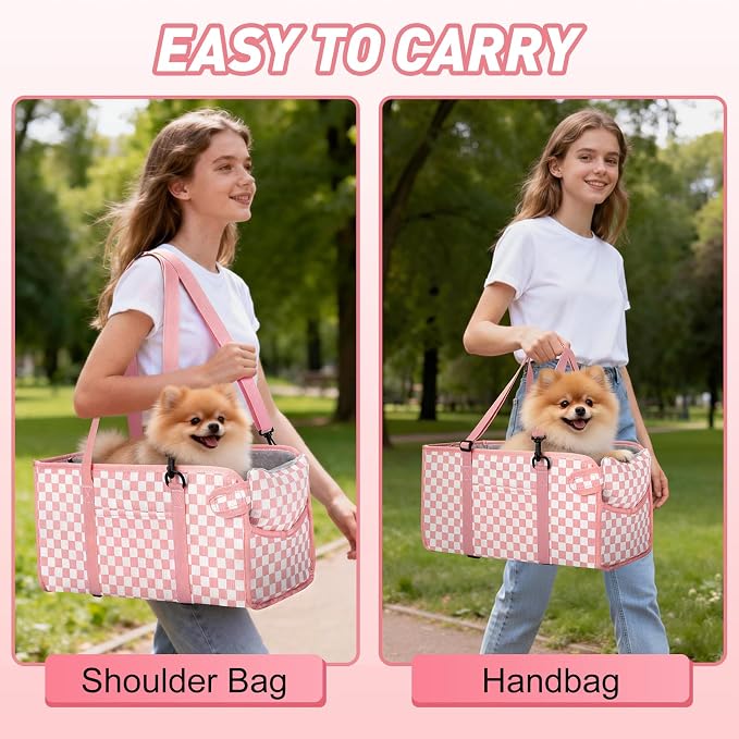 Console Dog Car Seat for Small Dogs, Foldable Booster Seat, Pink Checkered | Portable Booster Seat Sits On Car Console/ Armrest. Foldable for Easy Storage. for Center Console, Easy To Clean.