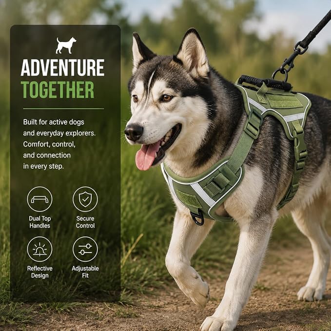 No Pull Tactical Dog Harness with Handles,Tactical Service Dog Vest with Molle System，Adjustable Reflective Pet Vest for Walking Hiking Training Army Green XL