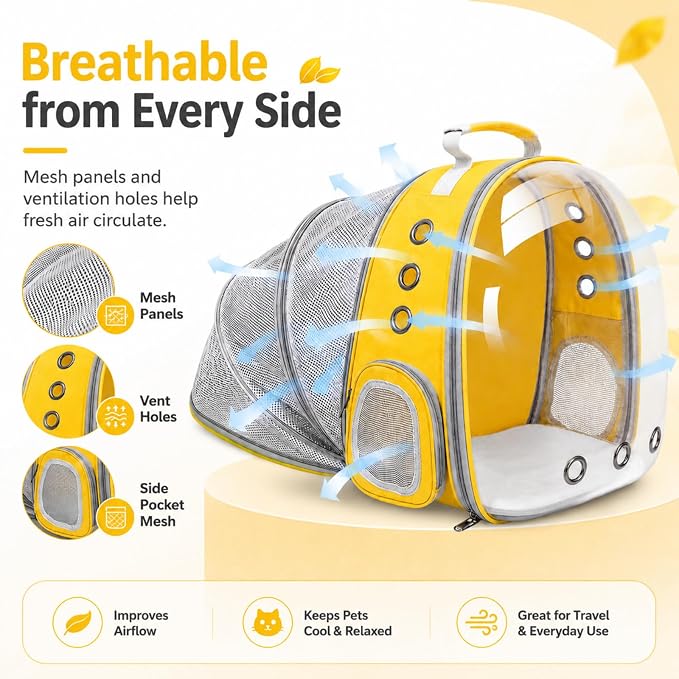 Cat Backpack Carrier Back Expandable Bubble Pet Carrier Backpack for Large Cat, Kitten and Dog, Designed for Hiking, Travelling and Outdoor Use (Back Expandable-Yellow)