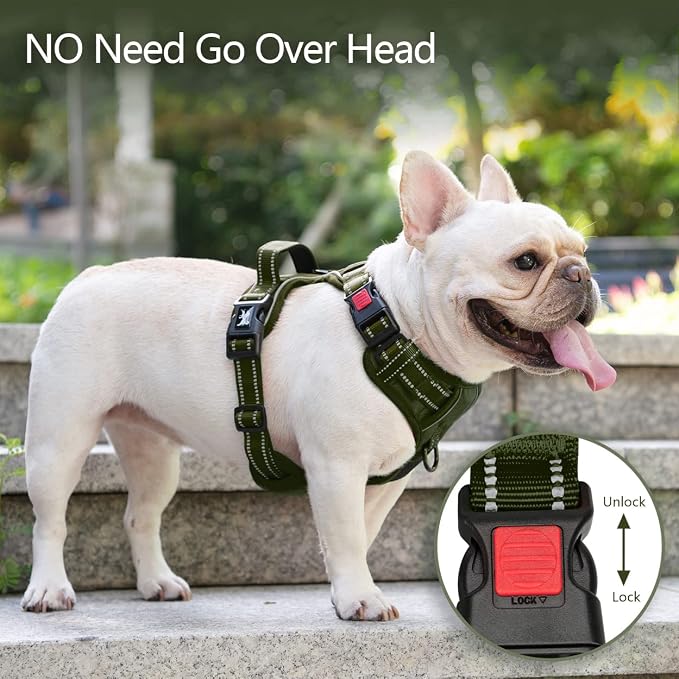 PoyPet No Pull Dog Harness, Reflective Vest with 2 Leash Clips & Handle | Lockable Neck Release Buckle, No Choke, Adjustable, Soft Padded, for Walking Training, Military Green, Large