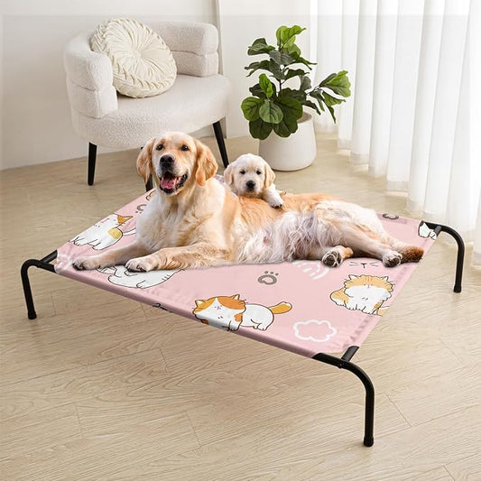 Kawaii Cat Pattern Orthopedic Elevated Dog Pet Bed(35"X25"X8"),with Metal Frame,Printing Breathable Waterproof Dog Kennel,Sleeping Bed Set for Small Medium Large Dogs Cats,for Home,Outdoor Use