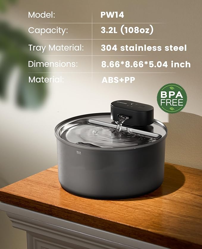 oneisall Cat Water Fountain Stainless Steel Tray: 108oz/3.2L Wireless Pet Fountain for Cats Indoor, Battery Operated Automatic Water Dispenser for Drinking, Ultra Quiet Motion Sensor, BPA-Free