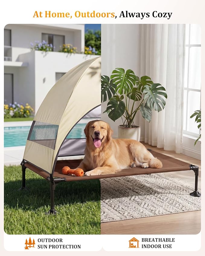 Elevated Outdoor Dog Bed with Canopy, Raised Dog Cot with Stable Adjustable Feet, Dog Camping Bed with Larger Shade, Lifted Dog Tent Bed with Canopy for Outside (Beige, Large)