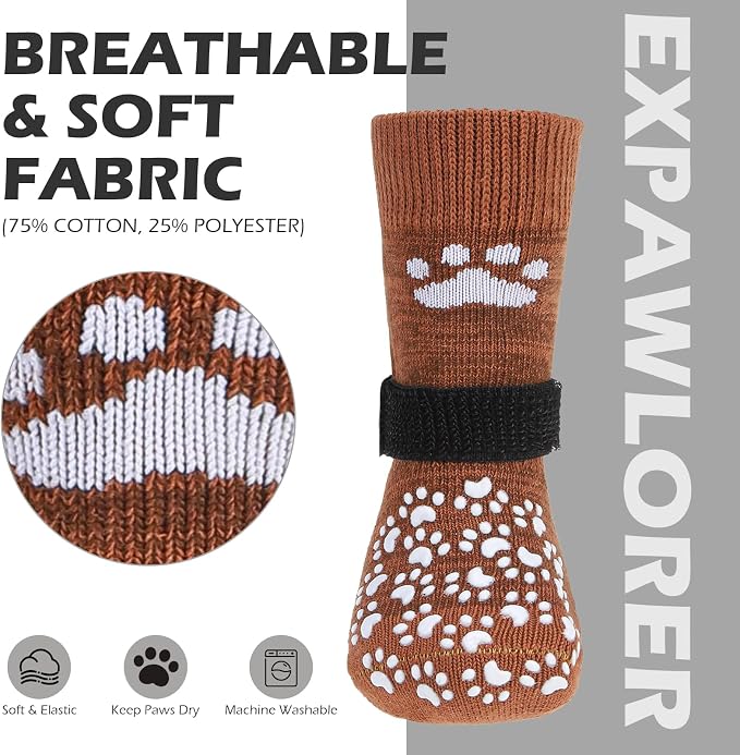 EXPAWLORER Anti Slip Dog Socks to Prevent Licking Paws, Dog Shoes for Hot Pavement, Dog Booties for Small Medium Large Senior Dogs, Traction Control Boots & Paw Protectors for Hardwood Floors Caramel