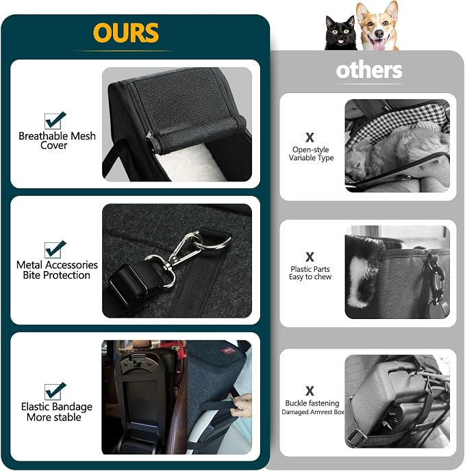 Center Console Small Dog Car Seat,Portable Pet Cat Puppy Booster Armrest Carseat Up to 11lbs,Equipped with a Breathable Protective Cover Net to Prevent Escape with Washable Fluffy Cushion and Pillow